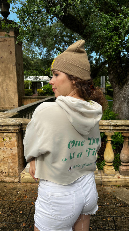 One Day at a Time Crop Hoodie in Light Khaki